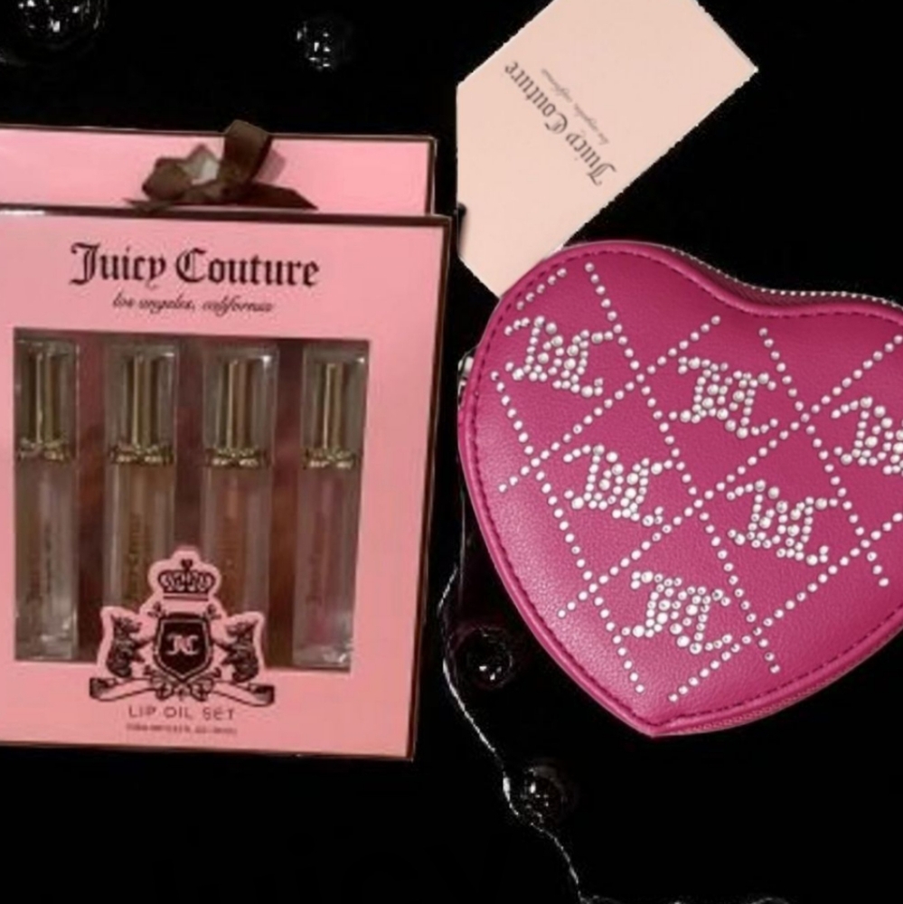 Juicy Couture Lip Oil Set with Pink Heart Pouch Bundle